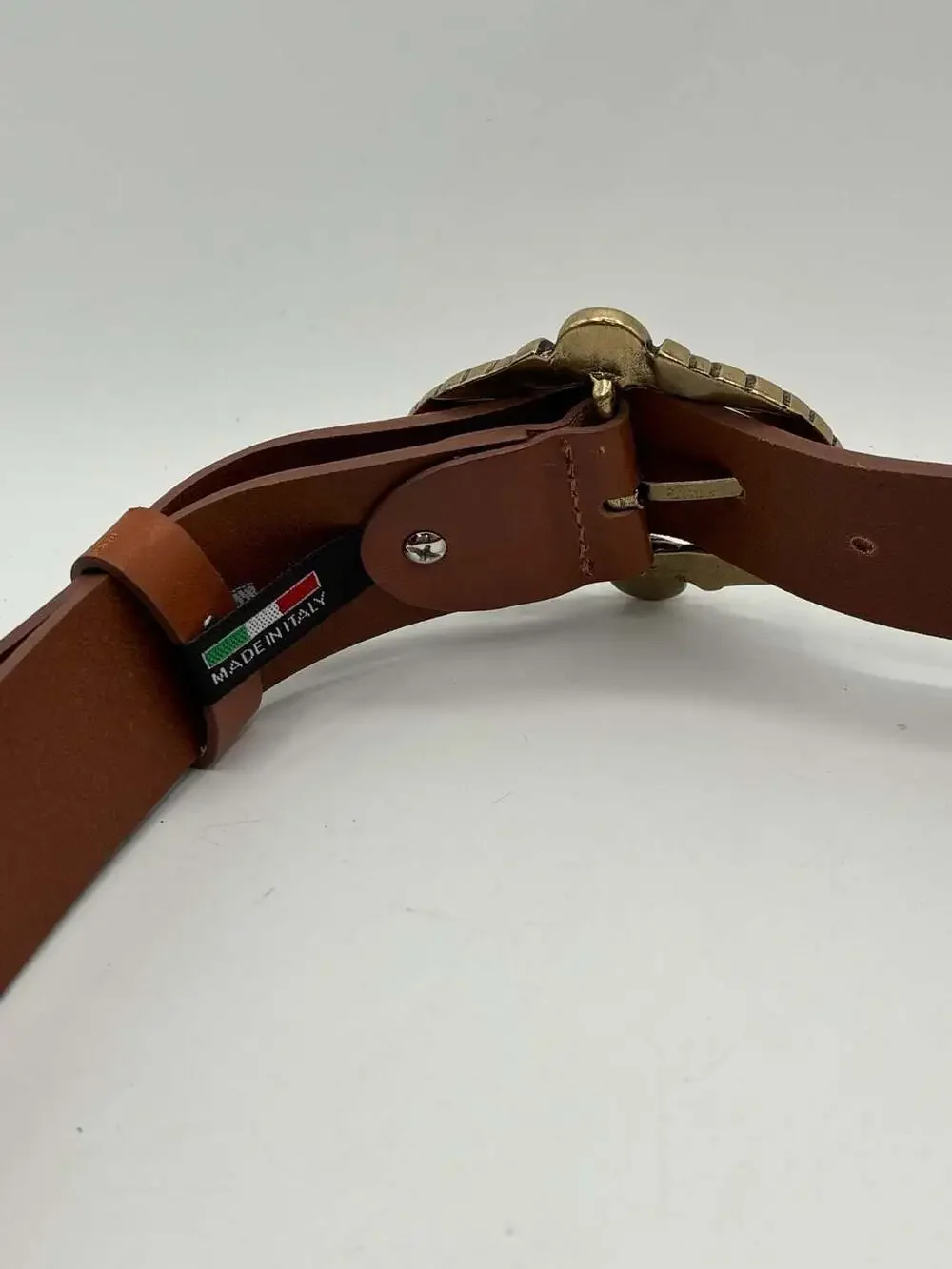 Bronzino Genuine Leather Brown Belt with Ornate Brass and Stone Buckle